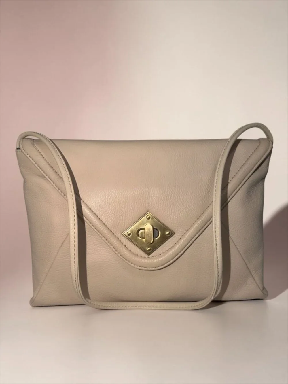 Kate Landry 2-Way Shoulder Bag Beige Pebbled Leather Turn Lock Envelope Clutch - Picture 4 of 11